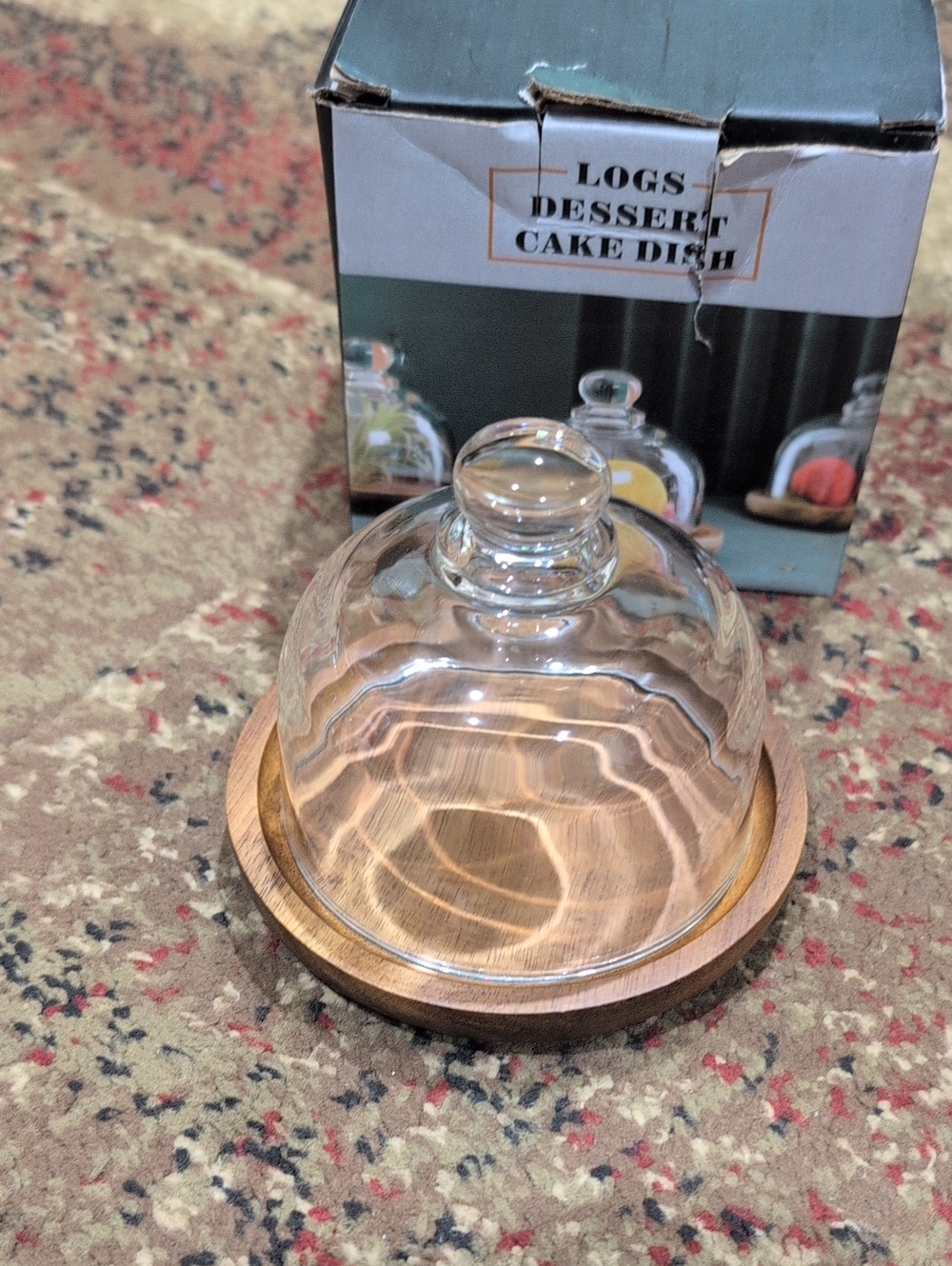 Glass Dome Dessert Cake Dish with Wooden Base New In Box